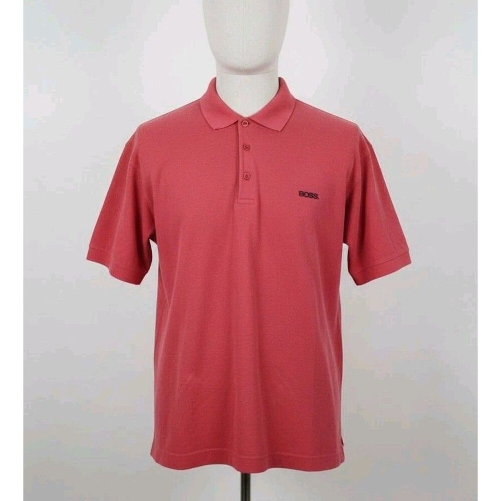 Vintage BOSS Red Coral Knit Polo Shirt Men's Medium M Poly Cotton RN 69781 Logo